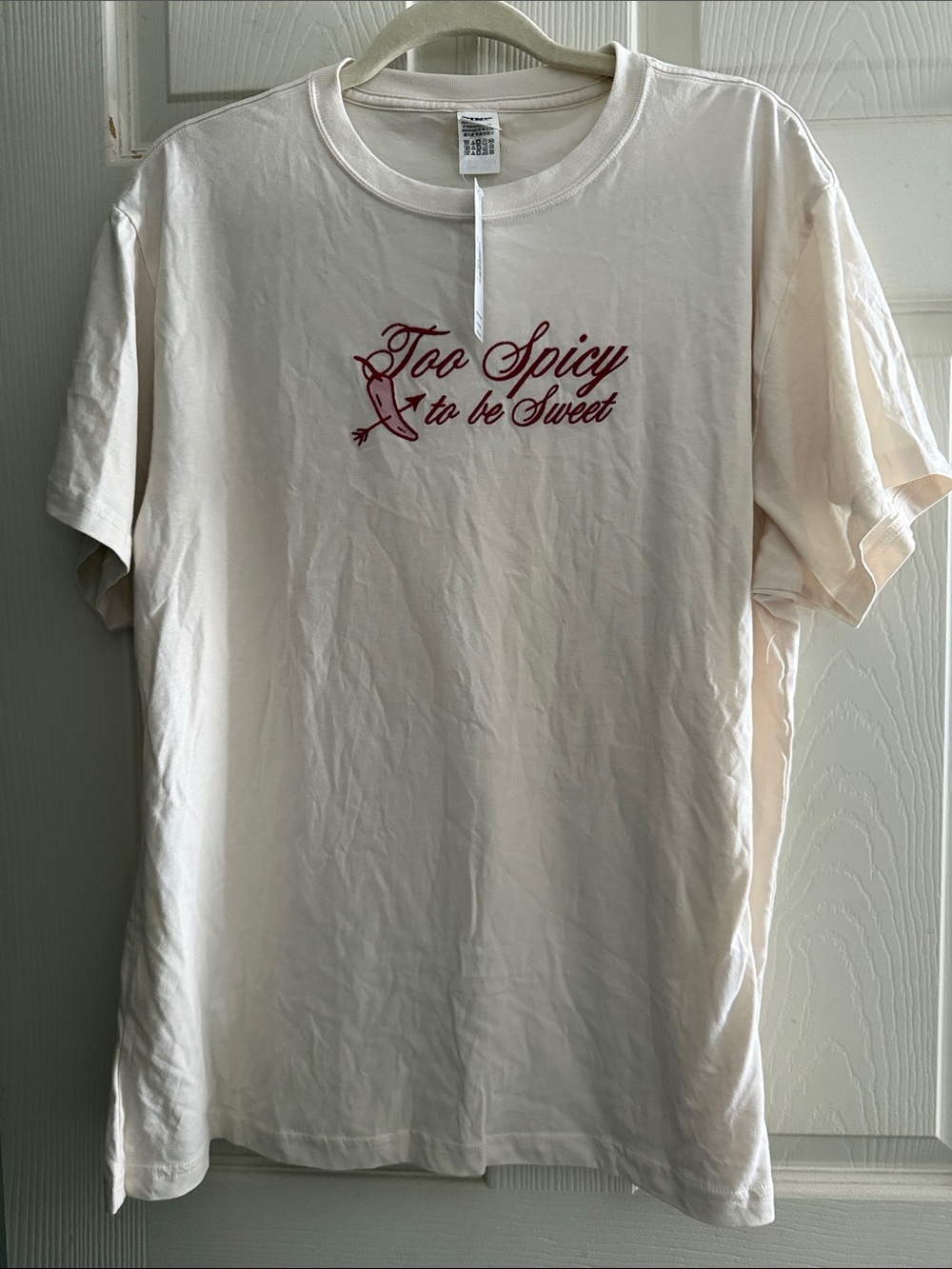 PINK Victoria's Secret Cream Tee with Red Script "Too Spicy to be Sweet"